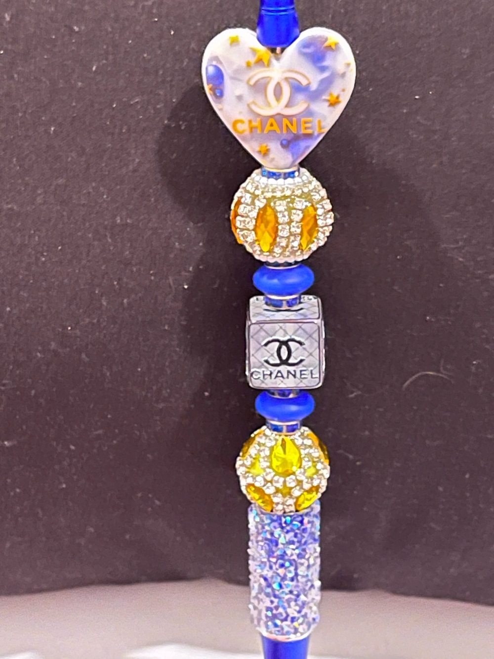 Designer inspired Blue and Gold silicone focal fancy beaded pen
